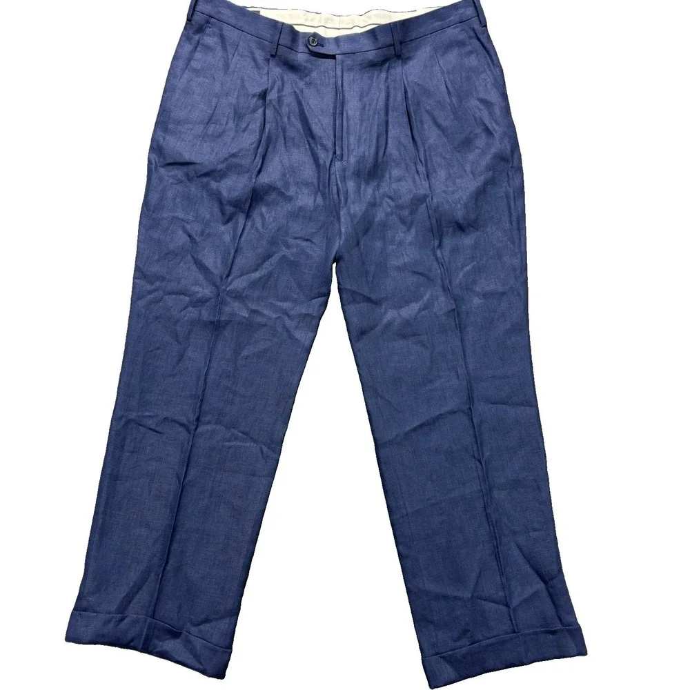 Paul Frederick 100% Linen Dress Pants Mens 42x30 Navy Blue Pleated Cuffed NWT